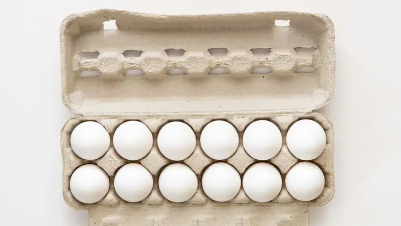 A dozen white eggs in an open cardboard egg carton