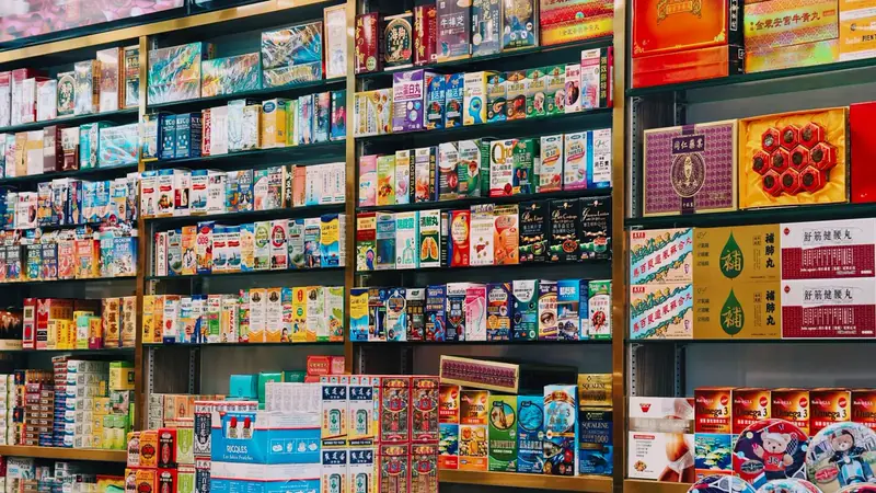 Supermarket shelves stocked with packaged foods and snacks