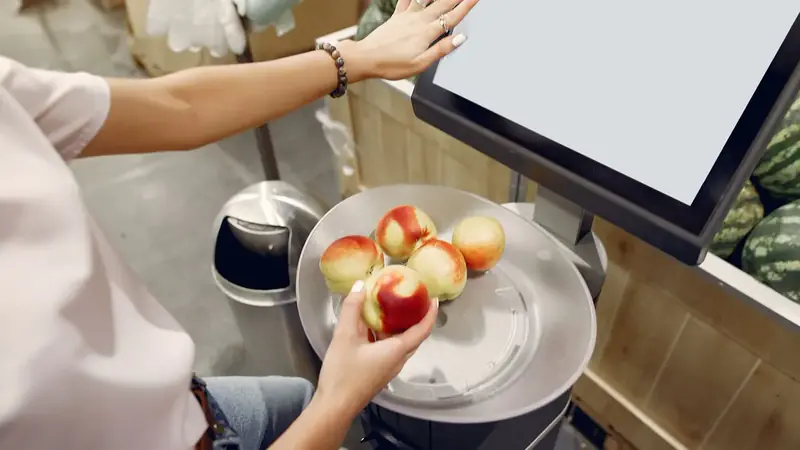 A shopper weighing fresh peaches on a grocery store produce scale
