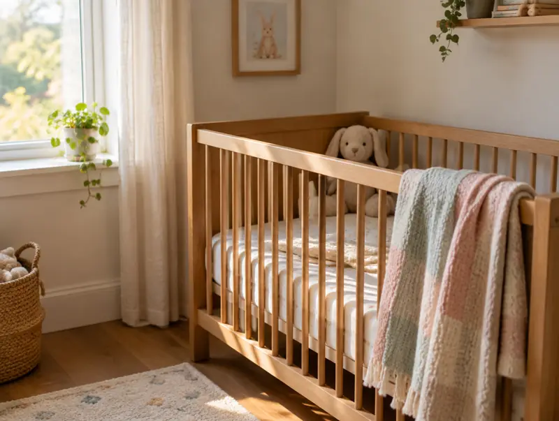 Nursery corner with a wooden crib and blanket