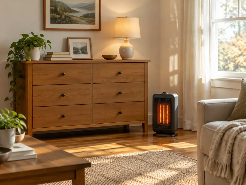 Living room with a dresser, lamp and space heater
