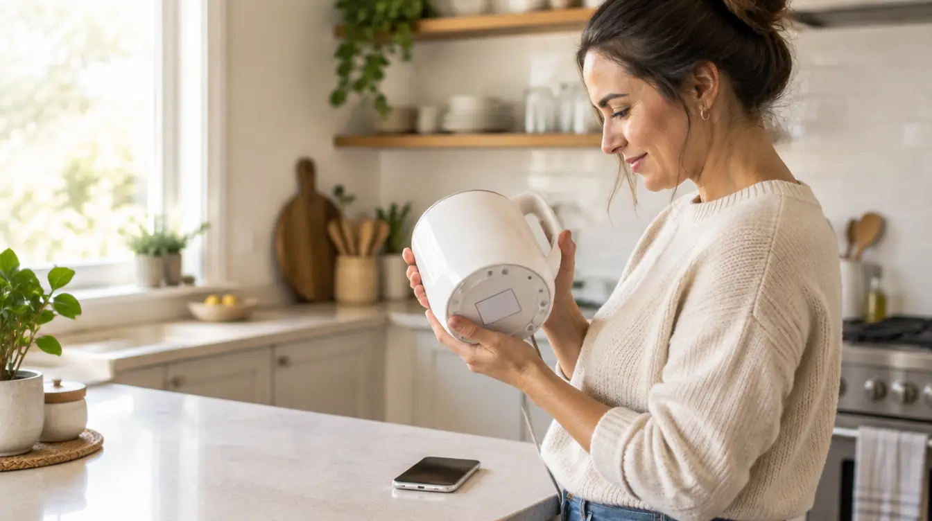 Woman in her kitchen turning over a small appliance to read the model sticker