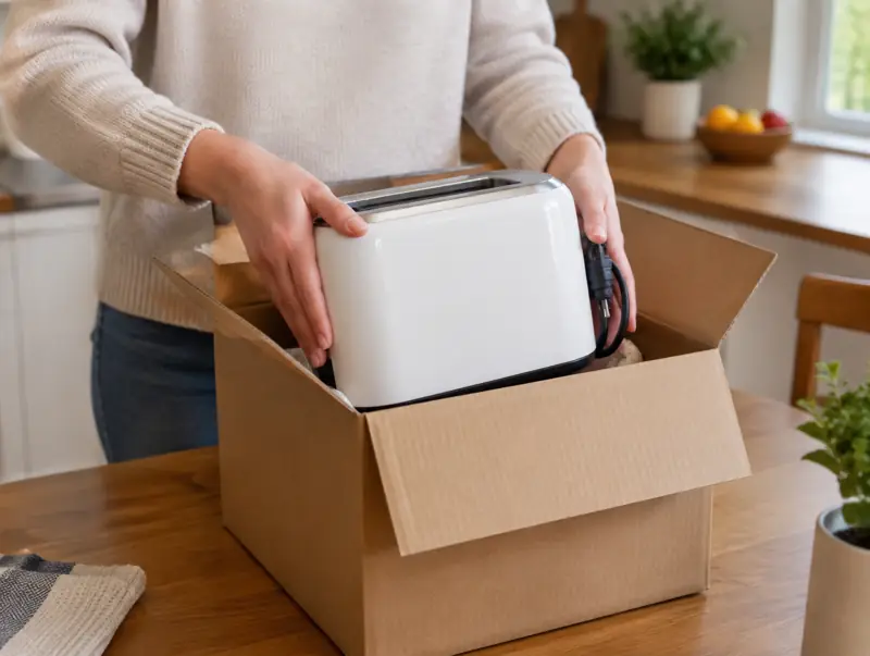 Hands packing a small appliance back into a cardboard box