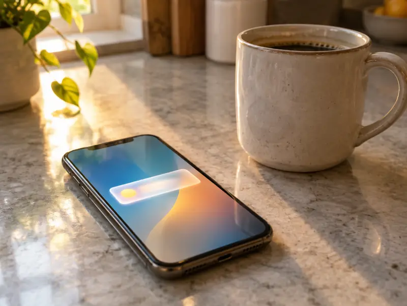Phone on a kitchen counter showing a new notification beside a coffee mug