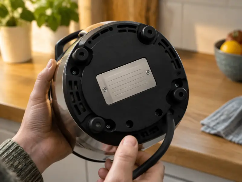 Hand turning over a small kitchen appliance to read the rating plate underneath